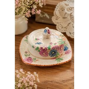 Vintage Made in Japan Hand Painted Covered Butter Dish Floral Cottagecore